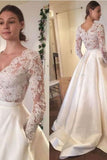 2024 New Arrival Wedding Dresses A-Line V-Neck Long Sleeves Satin Skirt With PJZEAJLK