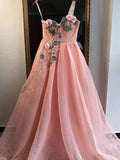 Unique A Line One Shoulder 3D Appliques Pink Tulle Long Beads Prom STI20449