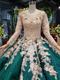 Ball Gown Long Sleeve Satin Beads Prom Dresses, Quinceanera Dresses with Appliques STI15059