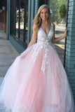 Charming Ball Gown V Neck Tulle Lace Appliques Prom Dresses, Evening STI20397