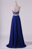 2024 Bateau Two Pieces Prom Dresses Dark Royal Blue A Line Beaded Bodice Open Back Floor Length Chiffon & PPHHRQYD