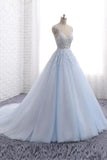 Princess Light Blue Long Ball Gown Lace Tulle Prom Dresses, V Neck Formal Dresses STI15297