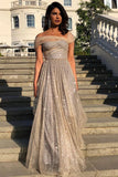 Sparkly A Line Off the Shoulder Prom Dresses with V Back, Long Dance Dresses STI15600