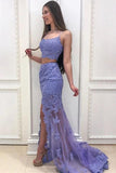 Elegant Two Pieces Mermaid Lilac Lace Slit Long Prom Dresses, Formal STI20417