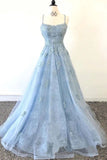 Elegant Spaghetti Straps Lace Applique Blue Bateau Tulle Backless Long Prom Dresses STI15201