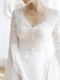 Unique V Neck Lace-up Mermaid Back Bridal Dresses Ivory Lace Trumpet Sleeve Wedding Dresses STI15469