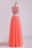 2024 Two-Piece Halter A Line Prom Dresses Beaded Bodice Tulle PBZ54TY4