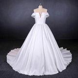 Ball Gown Off the Shoulder White Satin Wedding Dresses, Simple Cheap Wedding Gowns STI15065