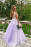 A Line Lilac Appliques V Neck Long Prom Dresses, Long Prom Formal Gowns STI15004