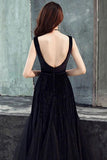 Simple Black Tulle Backless Prom Dresses Straps Zipper Dance Dresses STI15388