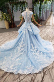 Light Sky Blue Gorgeous Prom Dress With Flowers Ball Gown Quinceanera Dress PZDMKHBY