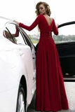 Burgundy Prom Dresses With Slit V Neck Cheap Long Sleeve Prom Dress PMHTEN3X