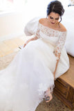 Long Sleeve Off the Shoulder Tulle Wedding Dresses, A line Lace Elegant Wedding Gowns STI15244