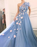 Charming One Shoulder Blue Tulle 3D Flowers Prom Dresses, Long Cheap Dance Dresses STI15119