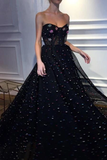 Elegant A Line Sweetheart Strapless Black Tulle Prom Dresses With STIPT11F6GE