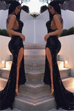 Sexy Black Sequin Shiny Long Front Split Open Back Prom Dresses PTZGR2DA