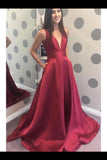 Simple A-Line V-Neck Satin Long Cheap Red Prom Dresses PAFE1R5Z