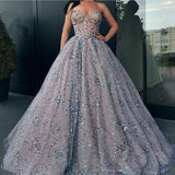 Princess Strapless Sweetheart Beads Ball Gown Rhinestone Prom Dress with Long Sparkly STI15308