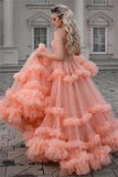 Gorgeous Ball Gown Spaghetti Straps Tulle Ruffles V Neck Prom Dresses with Sequins STI15519