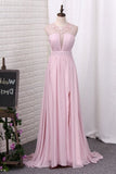 2024 A Line Prom Dresses Chiffon Scoop With Ruffles PM4J186M