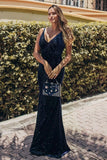 V-Neck Spaghetti Straps Velvet Dark Navy Blue Mermaid Evening Dress, Prom Dresses STI15480