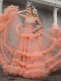 Gorgeous Ball Gown Spaghetti Straps Tulle Ruffles V Neck Prom Dresses with Sequins STI15519