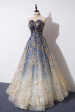 Charming Blue Floral Print Tulle Strapless Long A Line Prom Dresses, Dance Dresses STI15097