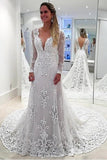 V-Neck Long Sleeves Mermaid Open Back Sheath Lace Modest P66QAE3L