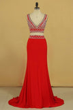 2024 Two Pieces V Neck Prom Dresses Sheath Spandex With Beading PRHPBG43