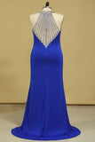 2024 Dark Royal Blue Prom Dresses Sheath Scoop With Beading Sweep PQF459BJ