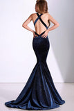 Sexy Mermaid Deep V Neck Velvet Dark Navy Long Prom Dresses, Sparkly Evening Dresses STI15529