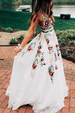 Lace Prom Dresses With Floral Embroidery A Line V Neck PKKC8Q16