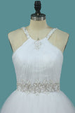 2024 A Line Wedding Dress Halter Beaded Straps And Waistline Tulle P9SZTYB7