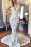 Luxurious Mermaid Lace Ivory V Neck Wedding Dresses, Backless Straps Wedding Dresses STI15522