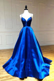 Simple A Line Satin Spaghetti Straps Royal Blue Long V Neck Prom STI20441