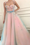 Stunning Applique A-Line Spaghetti Straps Tulle Sweetheart Prom Dresses with Belt STI15434