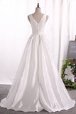 2024 V Neck A Line Taffeta Evening Dresses Sweep Train PLG113Q3