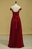 2024 Burgundy/Maroon Prom Dresses Off The Shoulder A Line Chiffon Floor Length With PGM57AAN