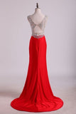 2024 V Neck Beaded Bodice Open Back Prom Dresses Column Spandex PR9M76A4