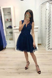 Dark Blue A Line V Neck Prom Dresses Tulle Short P2XXL4KS