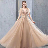 A Line V Neck Tulle Long Prom Dresses, Cheap Evening Dress with STI20488