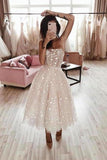 Spaghetti Strap Tea Length Starry Tulle Homecoming Dress PDYSP756