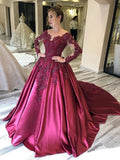 Ball Gown Long Sleeves Burgundy Satin Beads Prom Dresses with Appliques, Quinceanera Dress STI15498