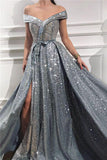 Elegant Sequins Off the Shoulder Sleeveless Prom Dresses, Silver Slit Evening Dresses STI15199