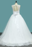 2024 Wedding Dress A-Line Scoop Tulle With Applique And Sash P8XA11NP