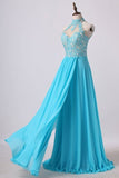 2024 High Neck A Line Prom Dresses With Applique&Beads PLCHEZX7