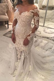 Long Sleeve Sparkly Mermaid V Neck Beads Wedding Dresses With Applique STI15249