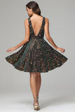 Dark Green A Line V-neck Short Sequins Homecoming Dress