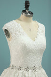 2024 V Neck A Line Beaded Waistline Wedding Dresses Lace P1BRHZ1F