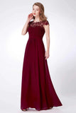 Elegant A Line Cap Sleeve Burgundy Lace Prom Dresses with Chiffon, Bridesmaid Dresses STI15145